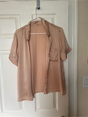 Eberjey Inez  Silk PJ Top Cream ivory Pale Pink Short Sleeve Sleepwear sz S